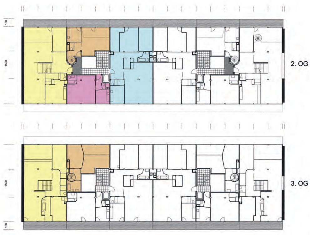 Grundriss zweier Etagen (2. OG und 3. OG) mit farbig markierten Wohnungen und Treppenhäusern, Corbusier